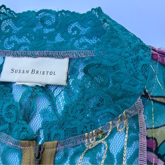 Susan Bristol Sheer Lace Sequin Turquoise Pink Front Zipper Blazer Jacket Blouse - Picture 9 of 9